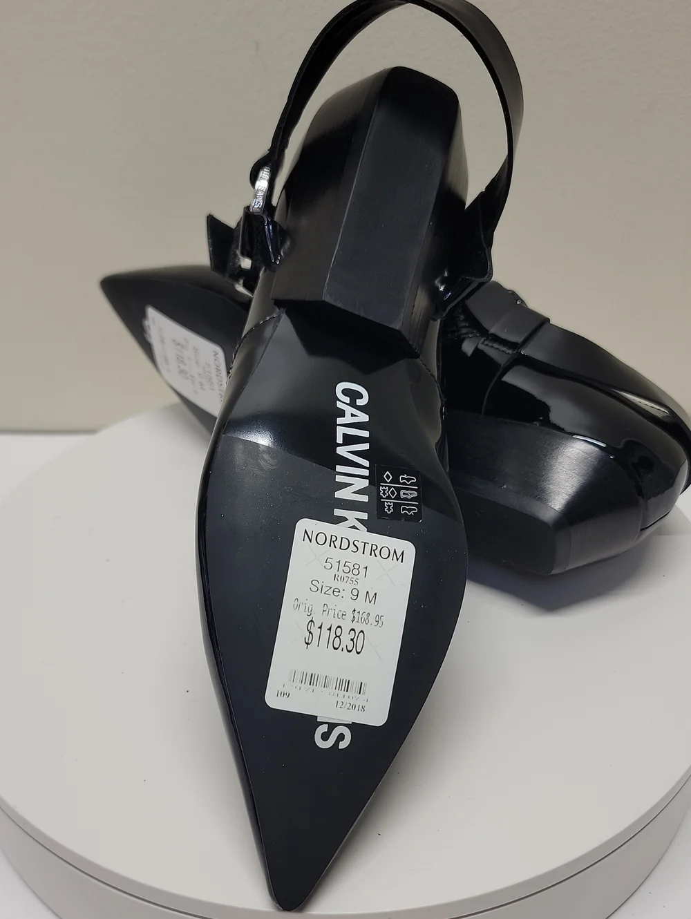 Calvin Klein Black Patent Pointed Toe Strap Shoe Shiny New W/out Box